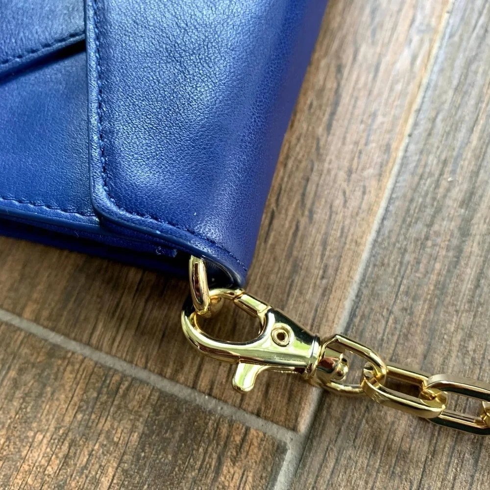 Tory Burch Blue Leather Mini Crossbody with Pink Bow and Gold Chain